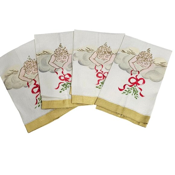 Christmas Angel Handpainted Linen Tea Towels set/4 gold trim cherub holiday desi - Picture 1 of 8
